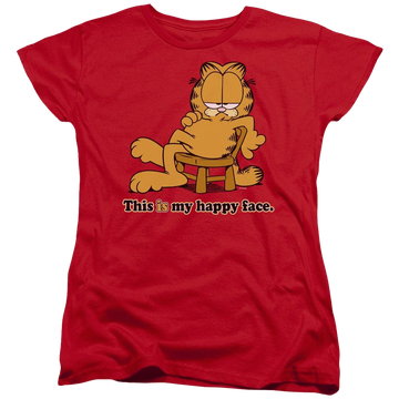 Red women's t-shirt with Garfield Happy Face graphic