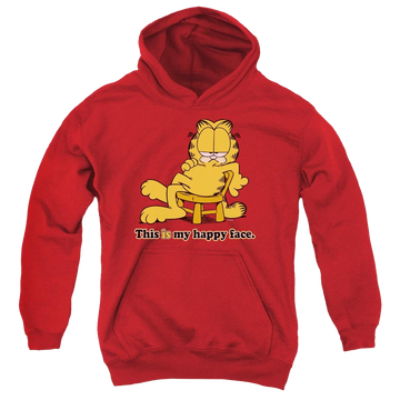 Red youth hoodie for ages 8 to 12 with Garfield Happy Face graphic