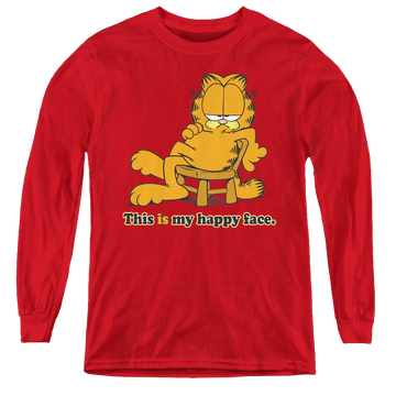 Red youth long sleeve t-shirt with Garfield Happy Face graphic