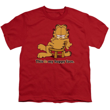 Red youth t-shirt for ages 8 to 12 with Garfield Happy Face graphic