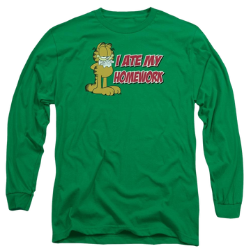Kelly green men's long sleeve t-shirt with Garfield I Ate My Homework graphic