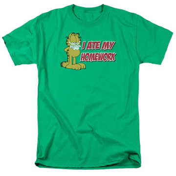 Kelly green men's regular fit t-shirt with Garfield I Ate My Homework graphic