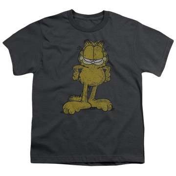 Charcoal youth t-shirt for ages 8 to 12 with Garfield Big Ol Cat graphic