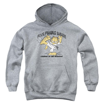 Athletic heather youth hoodie for ages 8 to 12 with Garfield Foot Fungus Karate graphic