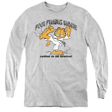 Athletic heather youth long sleeve t-shirt with Garfield Foot Fungus Karate graphic