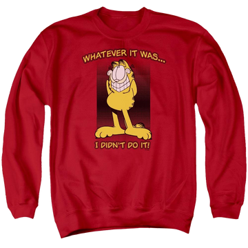 Red men's crewneck sweatshirt with Garfield I Didn't Do It graphic
