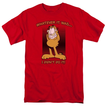 Red men's regular fit t-shirt with Garfield I Didnt Do It graphic