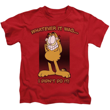 Red kid's t-shirt for ages 4 to 7 with Garfield I Didnt Do It graphic