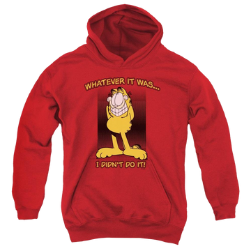 Red youth hoodie for ages 8 to 12 with Garfield I Didnt Do It graphic