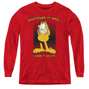 Red youth long sleeve t-shirt with Garfield I Didnt Do It graphic
