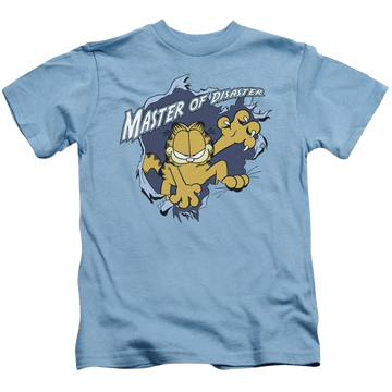 Carolina blue kid's t-shirt for ages 4 to 7 with Garfield Master Of Disaster graphic