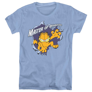 Carolina blue women's t-shirt with Garfield Master Of Disaster graphic