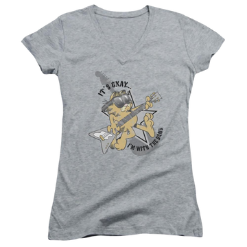 Athletic heather juniors v-neck t-shirt with Garfield Im With The Band graphic
