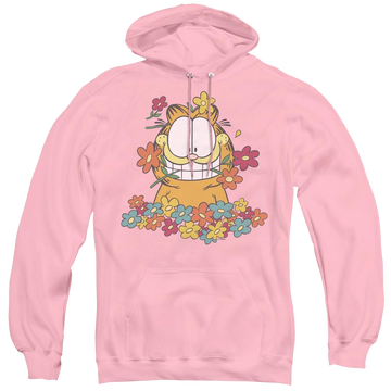 Pink pullover hoodie with Garfield In The Garden graphic