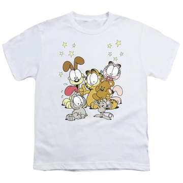 White youth t-shirt for ages 8 to 12 with Garfield Friends Are Best graphic