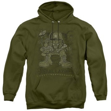 Military green pullover hoodie with Garfield General Laziness graphic