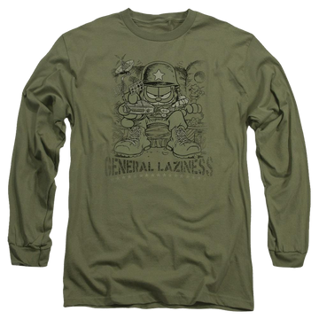 Military green men's long sleeve t-shirt with Garfield General Laziness graphic
