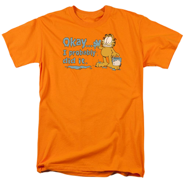 Orange men's regular fit t-shirt with Garfield I Probably Did It graphic