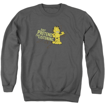 Charcoal men's crewneck sweatshirt with Garfield Just Pretend I'm Listening graphic