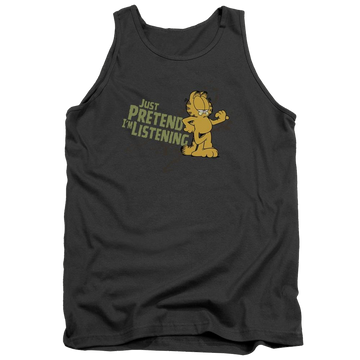 Charcoal men's tank with Garfield Just Pretend Im Listening graphic