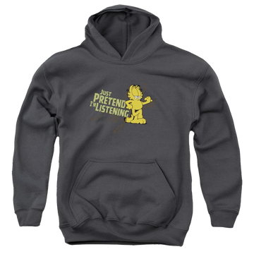 Charcoal youth hoodie for ages 8 to 12 with Garfield Just Pretend Im Listening graphic