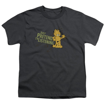 Charcoal youth t-shirt for ages 8 to 12 with Garfield Just Pretend Im Listening graphic