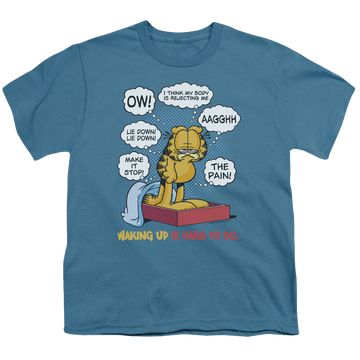 Slate youth t-shirt for ages 8 to 12 with Garfield Waking Up Is Hard To Do graphic
