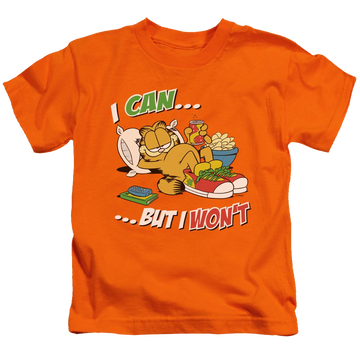 Orange kid's t-shirt for ages 4 to 7 with Garfield I Can... graphic