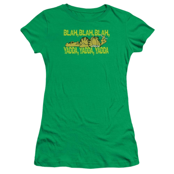 Kelly green juniors t-shirt with Garfield Blah Blah graphic