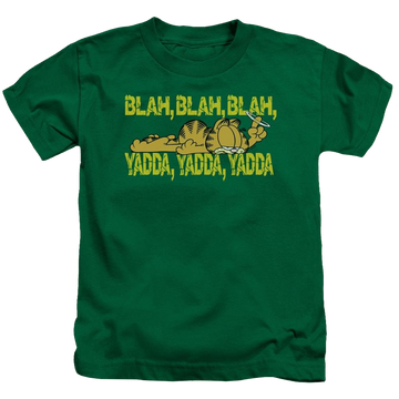 Kelly green kid's t-shirt for ages 4 to 7 with Garfield Blah Blah graphic