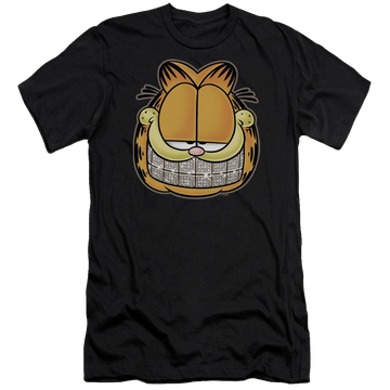 Black men's premium slim fit t-shirt with Garfield Nice Grill graphic