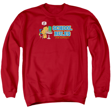 Red men's crewneck sweatshirt with Garfield School Rules graphic