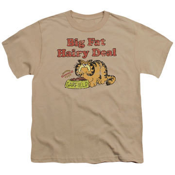 Sand youth t-shirt for ages 8 to 12 with Garfield Big Fat Hairy Deal graphic