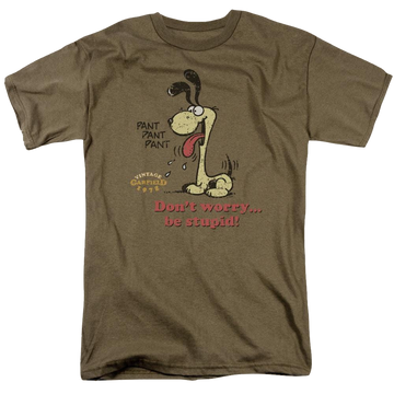 Safari green men's regular fit t-shirt with Garfield Dont Worry Be Stupid graphic