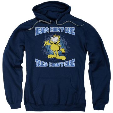 Navy pullover hoodie with Garfield Heads Or Tails graphic