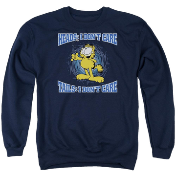 Navy men's crewneck sweatshirt with Garfield Heads Or Tails graphic