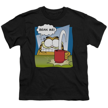 Black youth t-shirt for ages 8 to 12 with Garfield Bean Me graphic