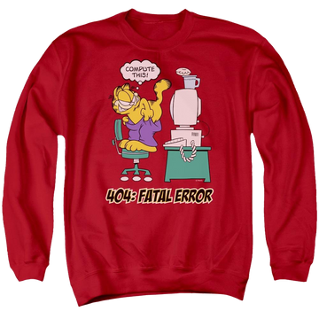 Red men's crewneck sweatshirt with Garfield Compute This graphic