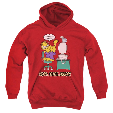 Red youth hoodie for ages 8 to 12 with Garfield Compute This graphic