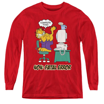 Red youth long sleeve t-shirt with Garfield Compute This graphic