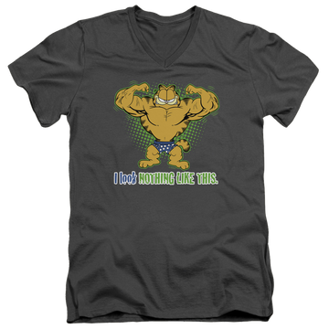 Charcoal men's v-neck t-shirt with Garfield Nothing Like This graphic