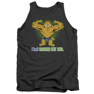 Charcoal men's tank with Garfield Nothing Like This graphic