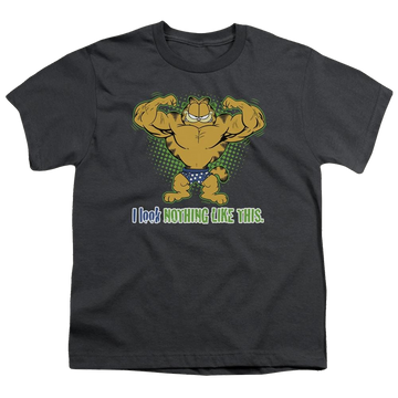Charcoal youth t-shirt for ages 8 to 12 with Garfield Nothing Like This graphic
