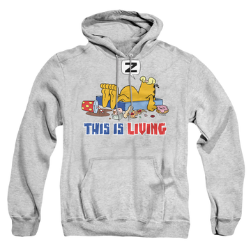Athletic heather pullover hoodie with Garfield This Is Living graphic