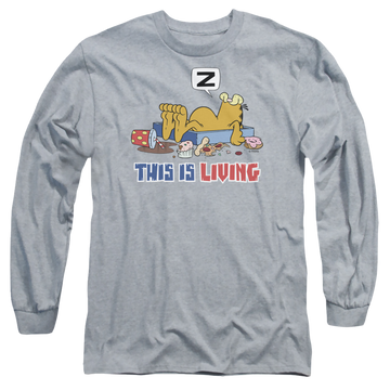 Athletic heather men's long sleeve t-shirt with Garfield This Is Living graphic