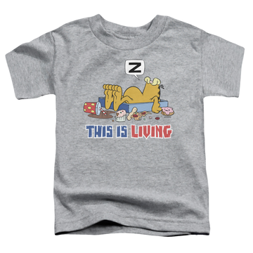 Athletic heather kid's t-shirt for ages 4 to 7 with Garfield This Is Living graphic