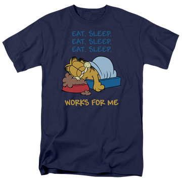 Navy men's regular fit t-shirt with Garfield Works For Me graphic