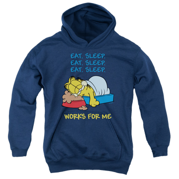 Navy youth hoodie for ages 8 to 12 with Garfield Works For Me graphic