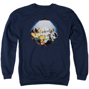 Navy men's crewneck sweatshirt with Garfield Playing With The Big Dogs graphic