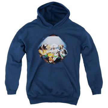 Navy youth hoodie for ages 8 to 12 with Garfield Playing With The Big Dogs graphic